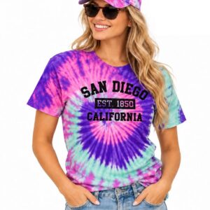 Purple Blue Tye-Dye San Diego California graphic T-shirt with front and back prints