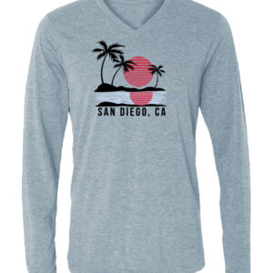 ALST 1102 SD,CA Sun Palm Wave Turquoise V-Neck Adult Long Sleeve T-Shirt