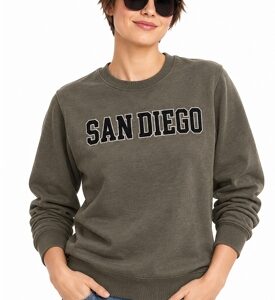 Olive Green San Diego adult sweatshirt with screen-printed lettering