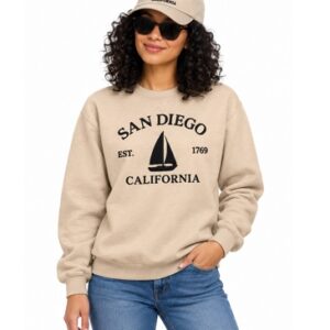 Light Brown San Diego adult sweatshirt with Black screen-printed lettering