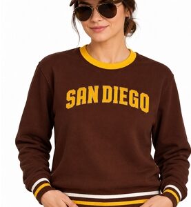 Brown San Diego adult sweatshirt with yellow screen-printed lettering