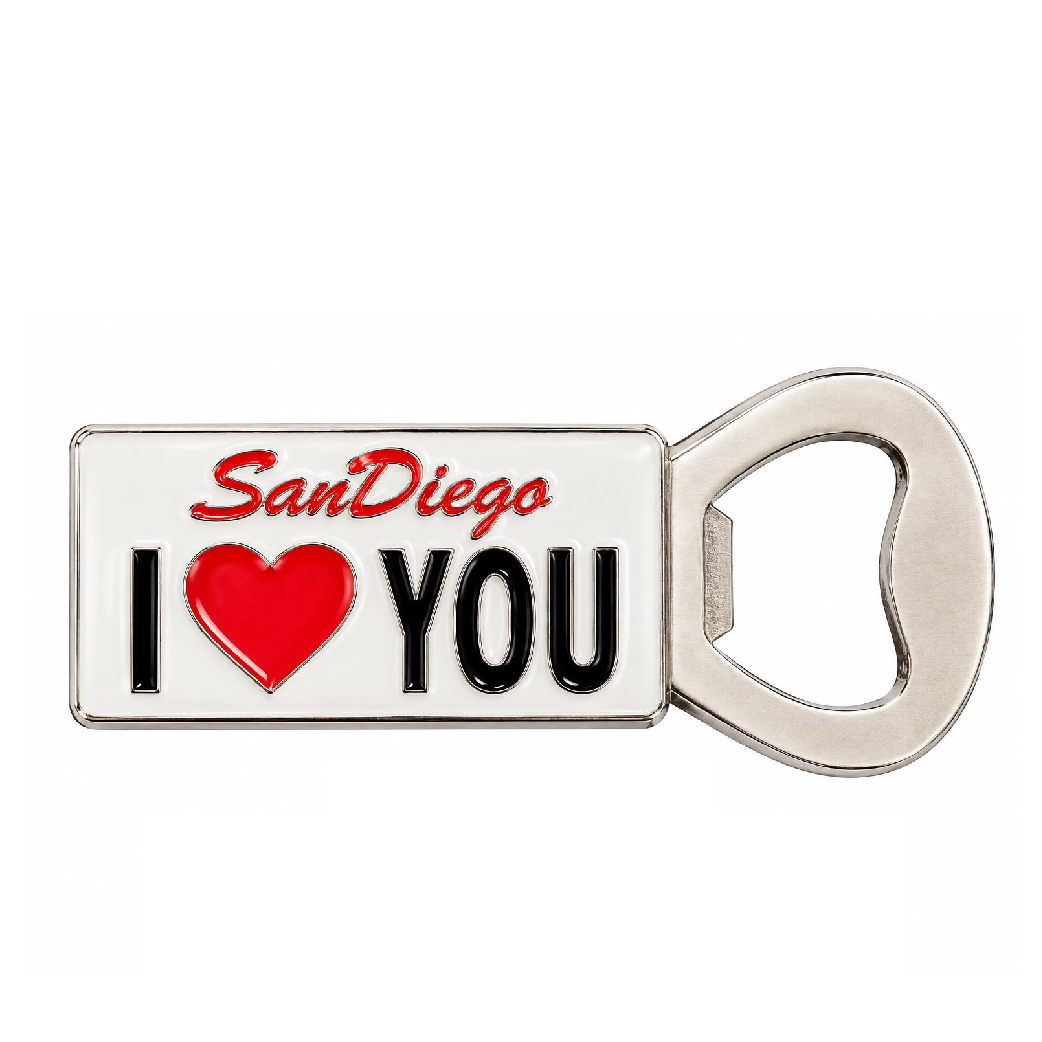 BOM 029 San Diego Souvenir Bottle Opener Magnet with a classic California License Plate Design