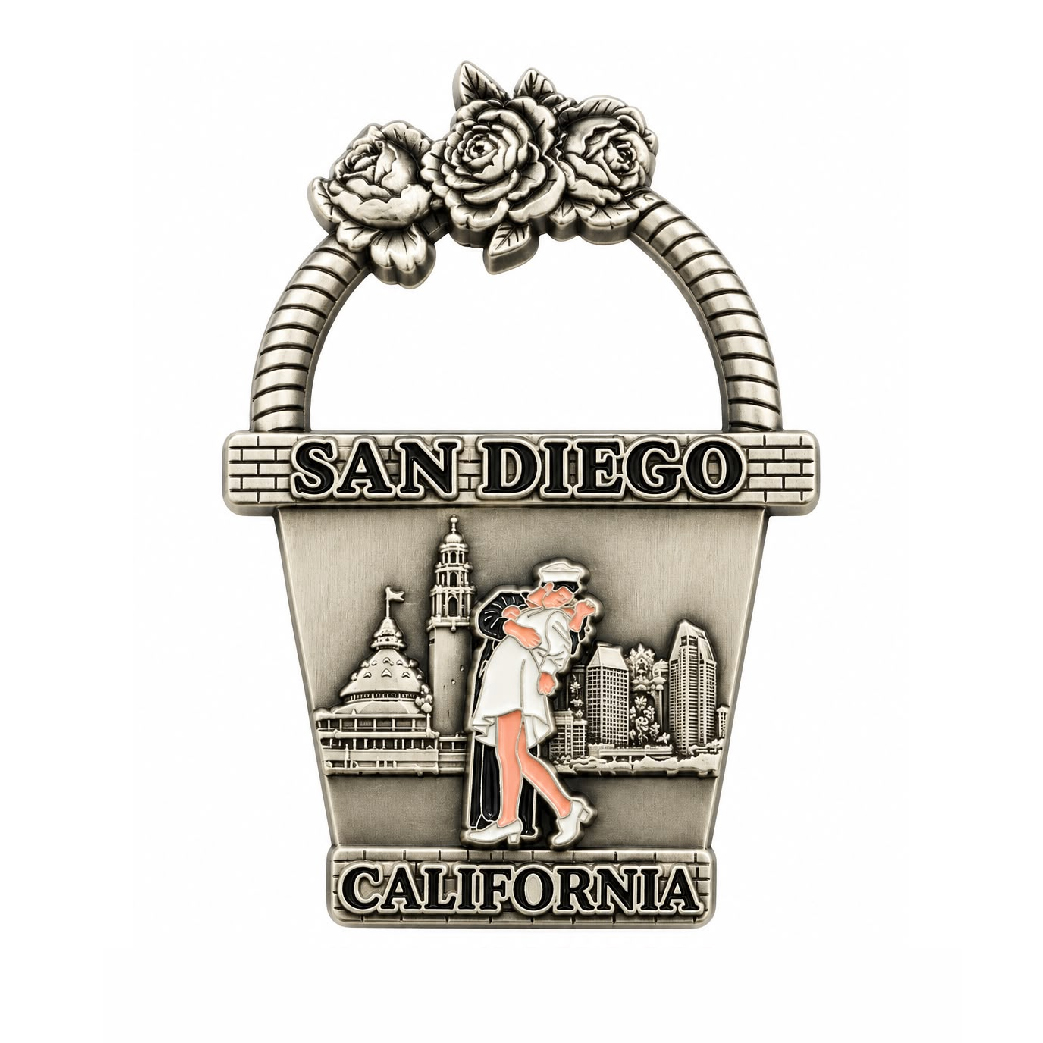 MM 022 San Diego Flower basket magnet Featuring the iconic sailor kiss and city skyline