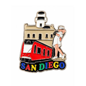 MM 004 San Diego Trolley, Skyline & Sailor Kiss Souvenir Magnet with colorful lettering