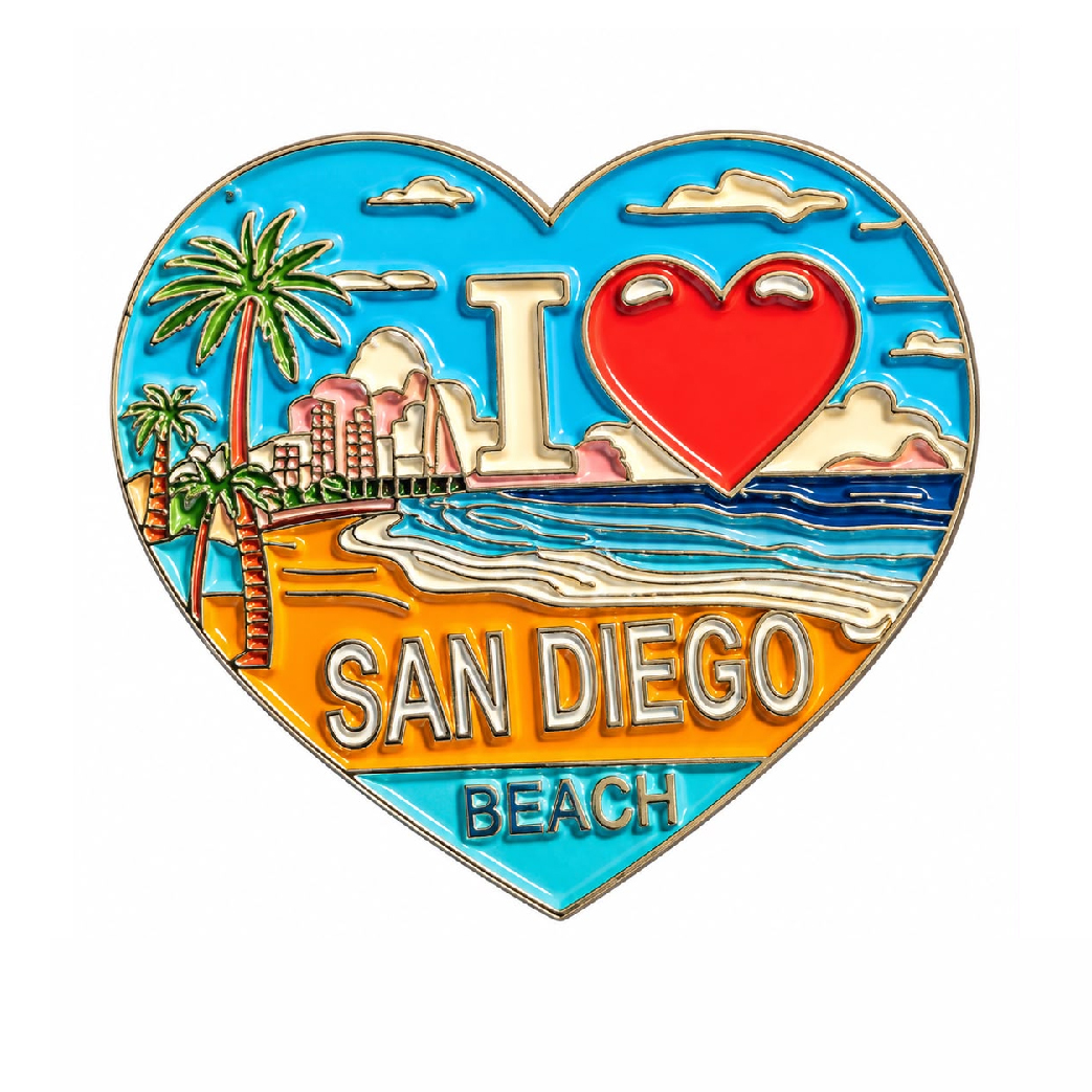 MM 106 Heart Shaped San Diego Beach Magnet with Palm Trees and Ocean Waves